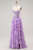 Viola A-Line Corsetto in rilievo Tiered Ruffle Abito lungo da ballo con lacci sul retro