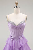 Viola A-Line Corsetto in rilievo Tiered Ruffle Abito lungo da ballo con lacci sul retro