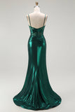 Verde scuro sirena metallico corsetto plissettato lungo abito da ballo con fessura
