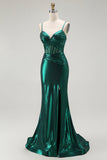 Verde scuro sirena metallico corsetto plissettato lungo abito da ballo con fessura