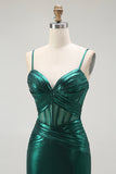 Verde scuro sirena metallico corsetto plissettato lungo abito da ballo con fessura