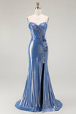 sirena corsetto paillettes sweetheart beaded blu prom dress con fessura