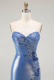 sirena corsetto paillettes sweetheart beaded blu prom dress con fessura