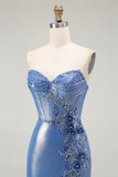 sirena corsetto paillettes sweetheart beaded blu prom dress con fessura