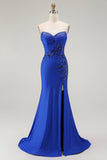 Royal Blue Mermaid senza spalline Lace Up Back Beaded Abito da ballo lungo con fessura