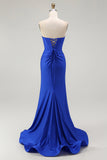 Royal Blue Mermaid senza spalline Lace Up Back Beaded Abito da ballo lungo con fessura