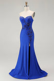 Royal Blue Mermaid senza spalline Lace Up Back Beaded Abito da ballo lungo con fessura