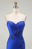Royal Blue Mermaid senza spalline Lace Up Back Beaded Abito da ballo lungo con fessura