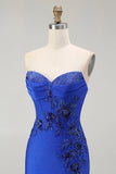 Royal Blue Mermaid senza spalline Lace Up Back Beaded Abito da ballo lungo con fessura