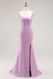 Viola sirena spaghetti cinghie corsetto lungo abito da ballo con fessura