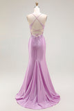 Viola sirena spaghetti cinghie corsetto lungo abito da ballo con fessura