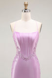 Viola sirena spaghetti cinghie corsetto lungo abito da ballo con fessura