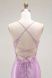 Viola sirena spaghetti cinghie corsetto lungo abito da ballo con fessura