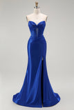Royal Blue Mermaid senza spalline corsetto in rilievo lungo Prom Dress con fessura