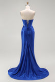 Royal Blue Mermaid senza spalline corsetto in rilievo lungo Prom Dress con fessura