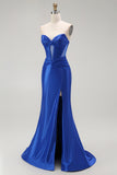 Royal Blue Mermaid senza spalline corsetto in rilievo lungo Prom Dress con fessura