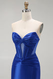 Royal Blue Mermaid senza spalline corsetto in rilievo lungo Prom Dress con fessura