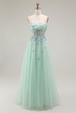 Verde A-Line senza spalline Tulle puro corsetto lungo Prom Dress con Appliques