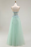 Verde A-Line senza spalline Tulle puro corsetto lungo Prom Dress con Appliques