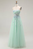 Verde A-Line senza spalline Tulle puro corsetto lungo Prom Dress con Appliques