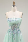 Verde A-Line senza spalline Tulle puro corsetto lungo Prom Dress con Appliques
