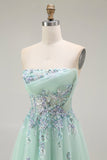 Verde A-Line senza spalline Tulle puro corsetto lungo Prom Dress con Appliques