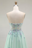 Verde A-Line senza spalline Tulle puro corsetto lungo Prom Dress con Appliques