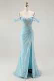 Sirena blu Off The Shoulder Beaded Abito da ballo lungo con fessura