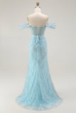 Sirena blu Off The Shoulder Beaded Abito da ballo lungo con fessura