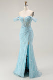 Sirena blu Off The Shoulder Beaded Abito da ballo lungo con fessura