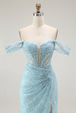 Sirena blu Off The Shoulder Beaded Abito da ballo lungo con fessura