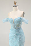 Sirena blu Off The Shoulder Beaded Abito da ballo lungo con fessura