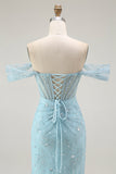 Sirena blu Off The Shoulder Beaded Abito da ballo lungo con fessura
