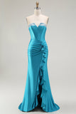sirena corsetto senza spalline in rilievo blu Prom Dress con fessura a balze