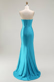 sirena corsetto senza spalline in rilievo blu Prom Dress con fessura a balze