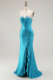 sirena corsetto senza spalline in rilievo blu Prom Dress con fessura a balze