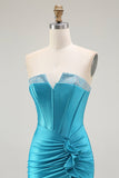 sirena corsetto senza spalline in rilievo blu Prom Dress con fessura a balze