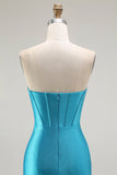 sirena corsetto senza spalline in rilievo blu Prom Dress con fessura a balze