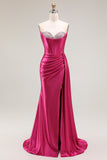 Scintillante fucsia sirena Sweetheart perline plissettato lungo abito da ballo con fessura