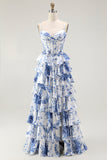 Bianco Blu Corsetto floreale A Line Tiered Prom Dress