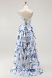 Bianco Blu Corsetto floreale A Line Tiered Prom Dress