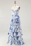 Bianco Blu Corsetto floreale A Line Tiered Prom Dress