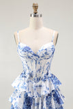 Bianco Blu Corsetto floreale A Line Tiered Prom Dress