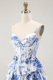 Bianco Blu Corsetto floreale A Line Tiered Prom Dress