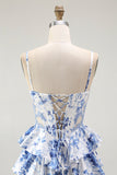 Bianco Blu Corsetto floreale A Line Tiered Prom Dress