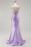 Viola sirena spaghetti cinghie corsetto in rilievo lungo abito da ballo con fessura