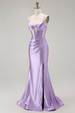 Viola sirena spaghetti cinghie corsetto in rilievo lungo abito da ballo con fessura