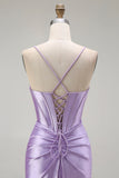 Viola sirena spaghetti cinghie corsetto in rilievo lungo abito da ballo con fessura