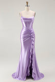 Viola sirena corsetto increspato lungo Prom Dress con fessura arruffata
