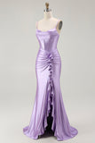 Viola sirena corsetto increspato lungo Prom Dress con fessura arruffata